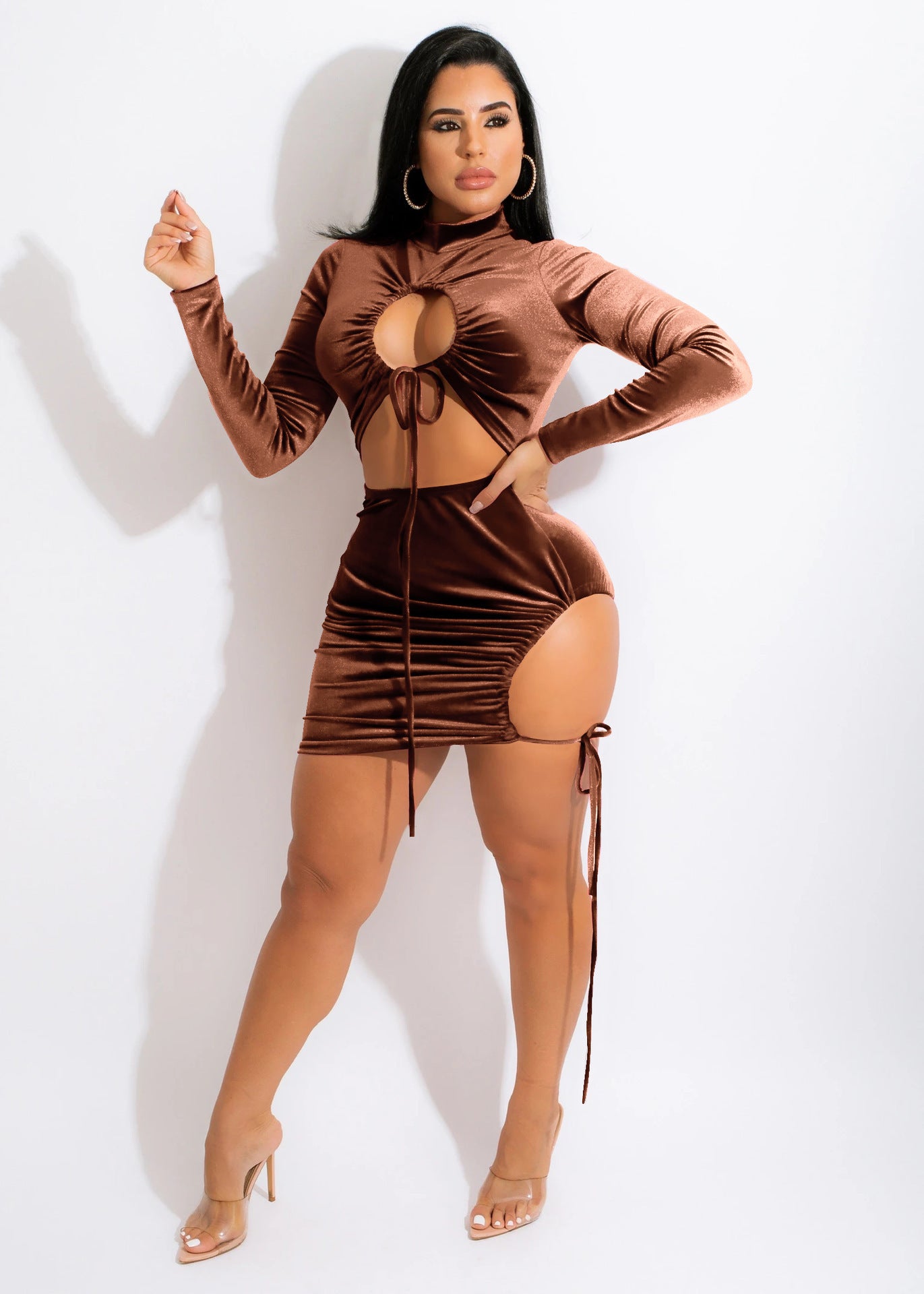 Women's Solid Color Long-sleeved Non-inverted Velvet Lace-up Dress