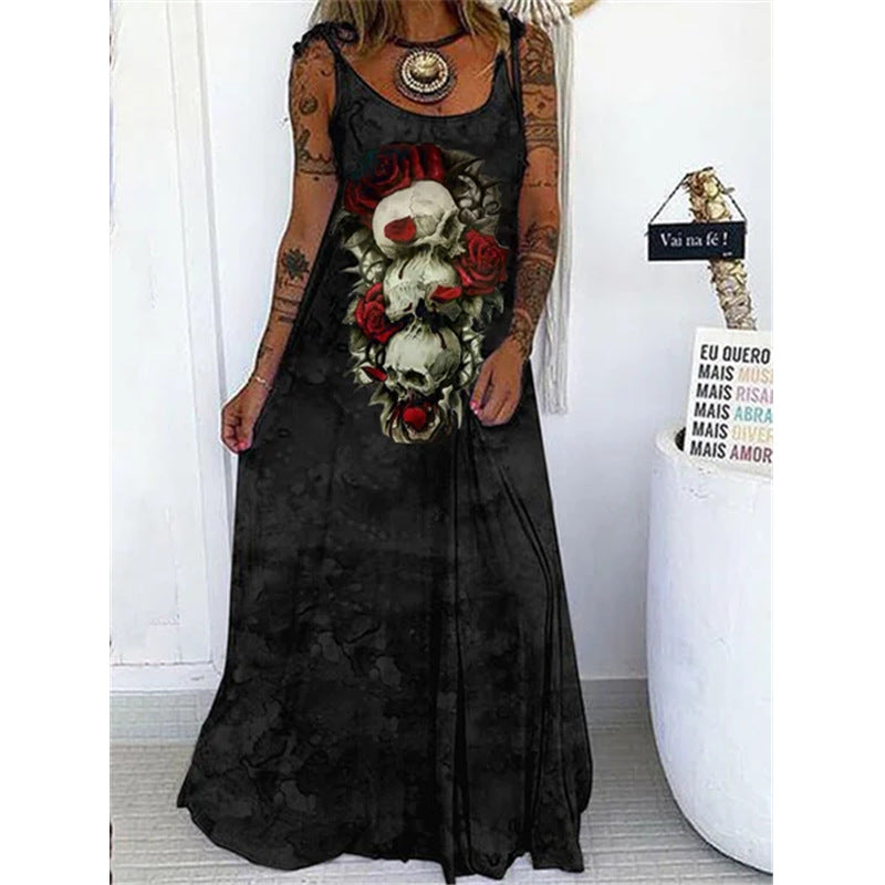 Punk Skull Print Loose Plus Size Lace-up Dress