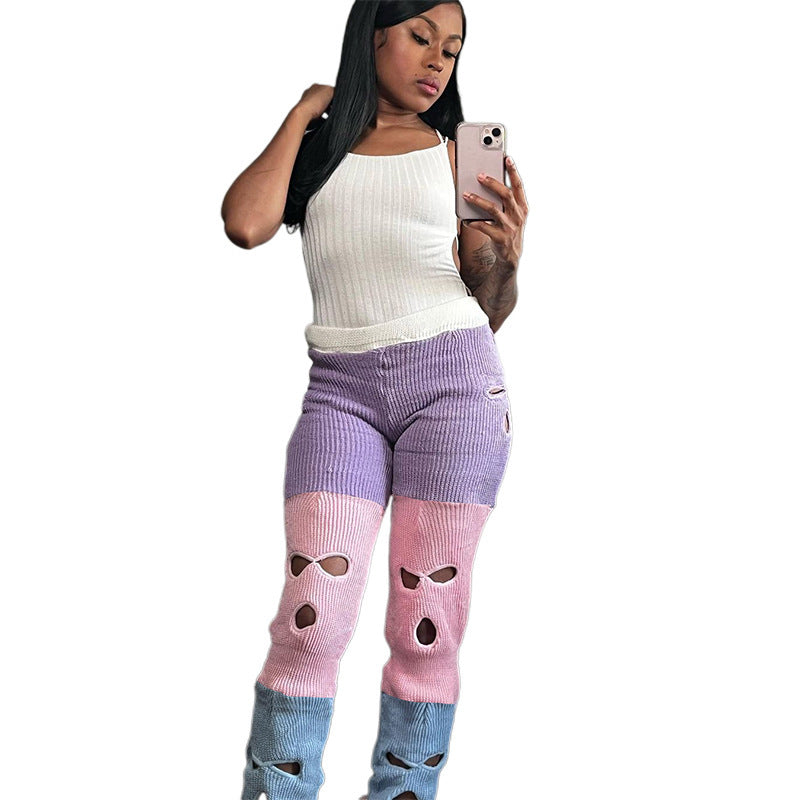 Fall Women's Clothing New Contrast Color Knitted High Waist Straight Casual Pants