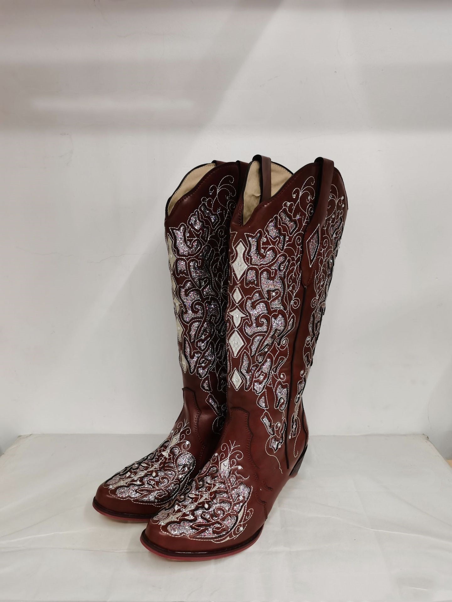Women Rhinestone Cowgirl Boots Hollow Flower High Boots