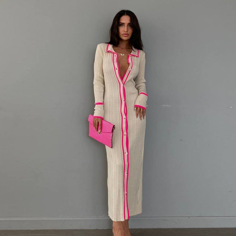 Lapel Patchwork Women's Long-sleeved Cardigan Beach Dress