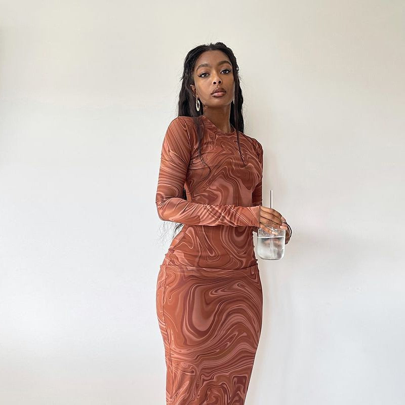 Fashionable Printed Round Neck Long Sleeved Mid Length Dress