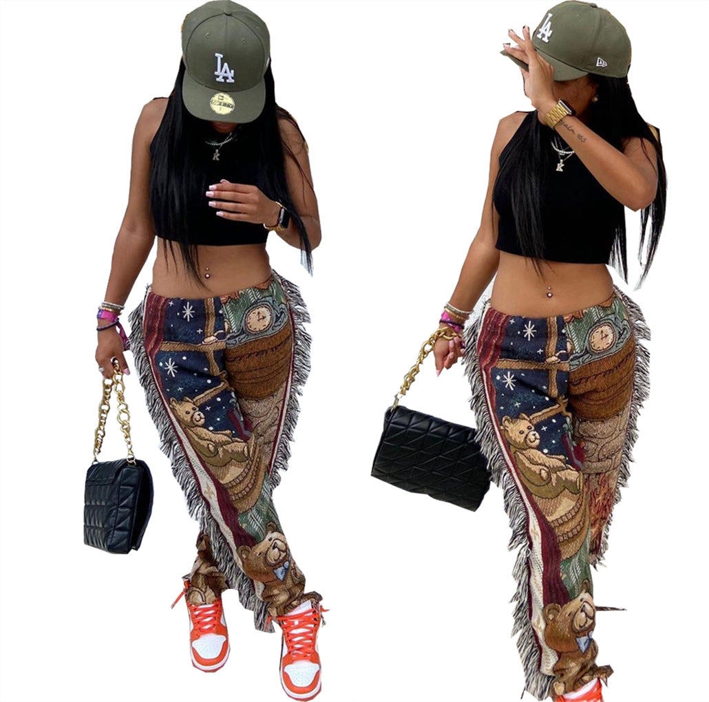 Fashion Cartoon Printed Tassel Casual Pants