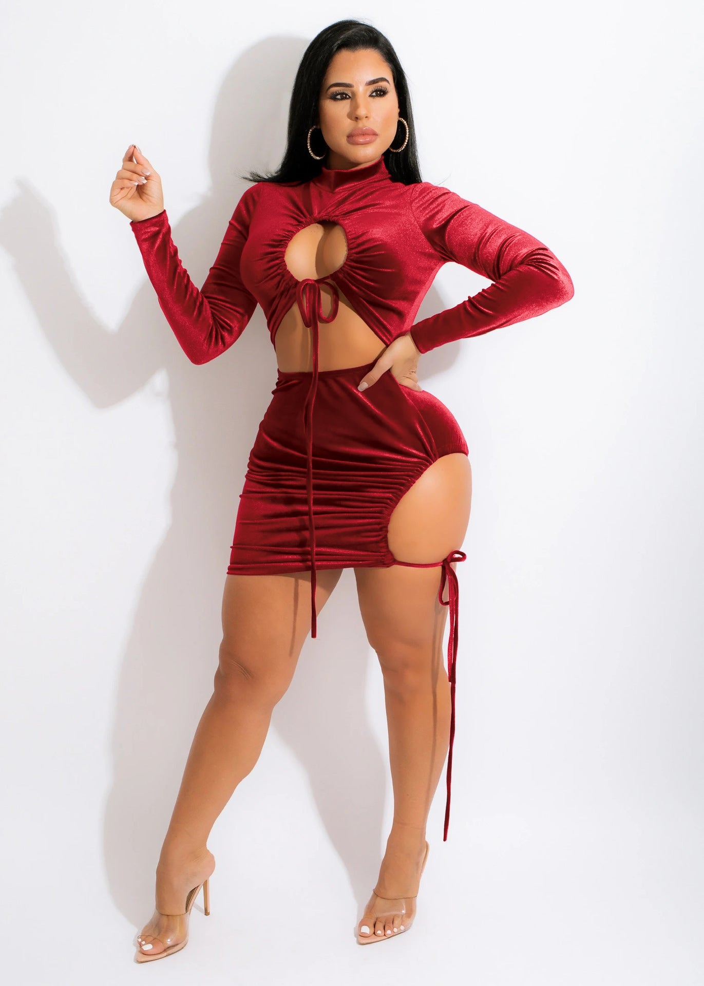 Women's Solid Color Long-sleeved Non-inverted Velvet Lace-up Dress