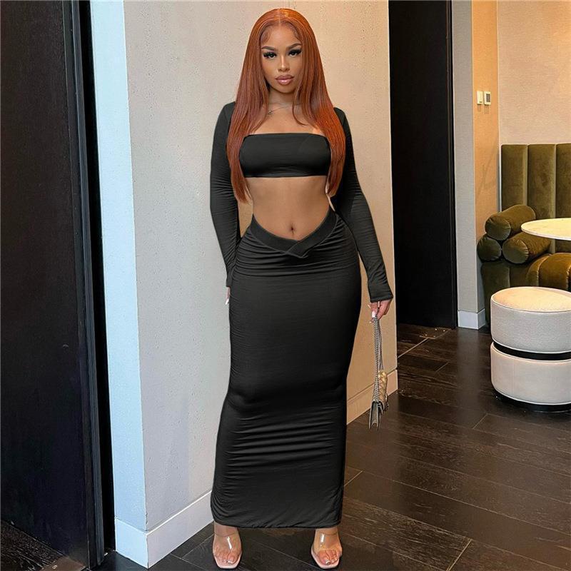 Women's Fashion Square Collar Navel T-shirt Slim Fit Low Waist Hip-wrapped Skirt Suit