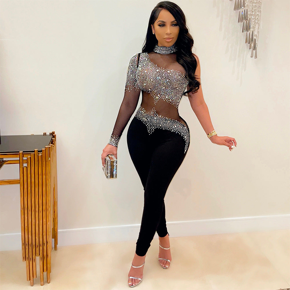 Fashion Sexy Mesh See Through Hot Drilling Trousers