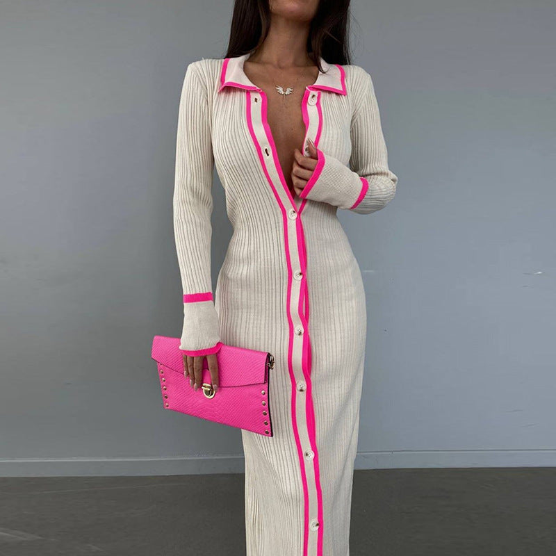 Lapel Patchwork Women's Long-sleeved Cardigan Beach Dress