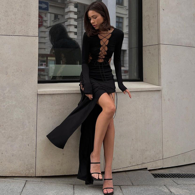 Autumn New Hollow Lacing Slim Open Long-sleeved Dress