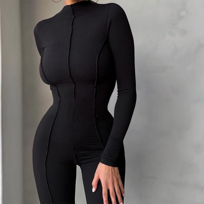 New Women's Fashion High Collar Tight High Waist Casual Solid Color Sports Jumpsuit