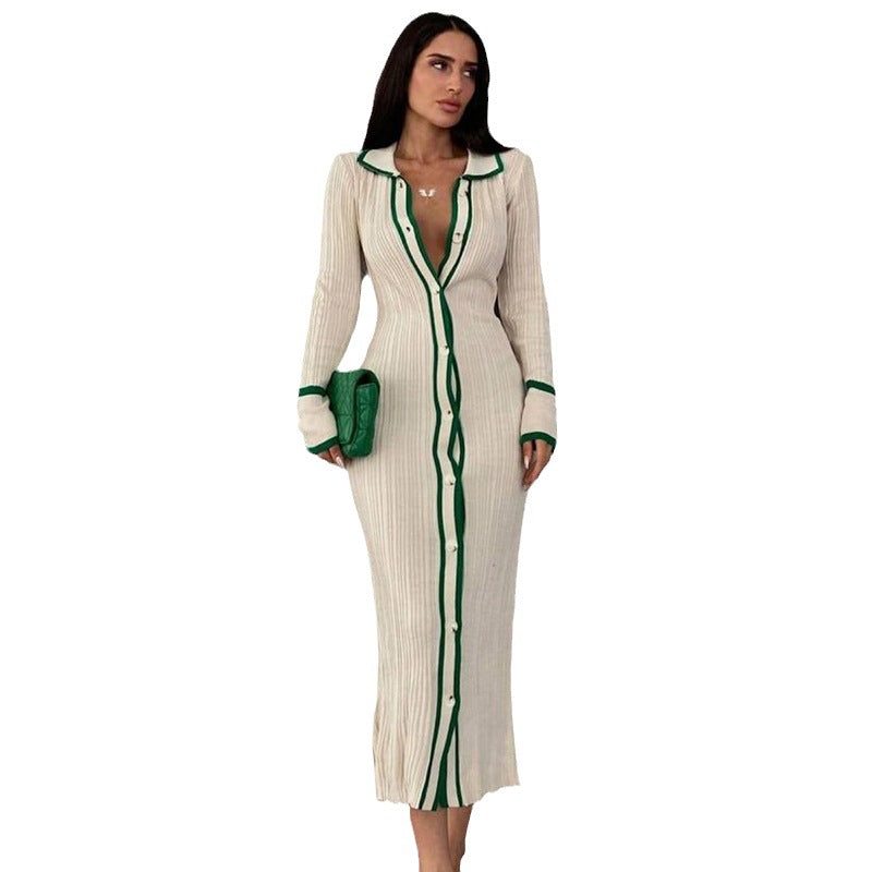 Lapel Patchwork Women's Long-sleeved Cardigan Beach Dress