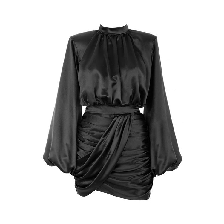 Solid Color Lantern Sleeve Sheath Women's Long Sleeve Irregular Ladies Dress