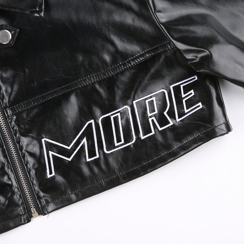 Women's Lapel Zippered Short Leather Coat