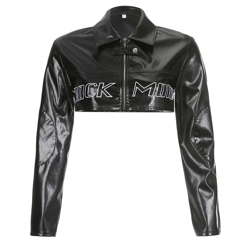 Women's Lapel Zippered Short Leather Coat