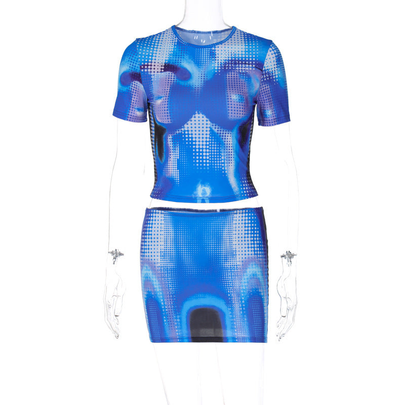 Fashion Sexy Print Personality Street Style Short T Slim Fit Skirt Suit