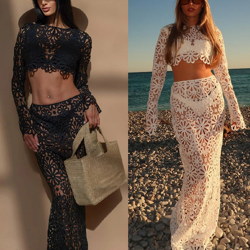 Ladies Slim Fit Hollow-out Lace Tops Skirt Two-piece Suit